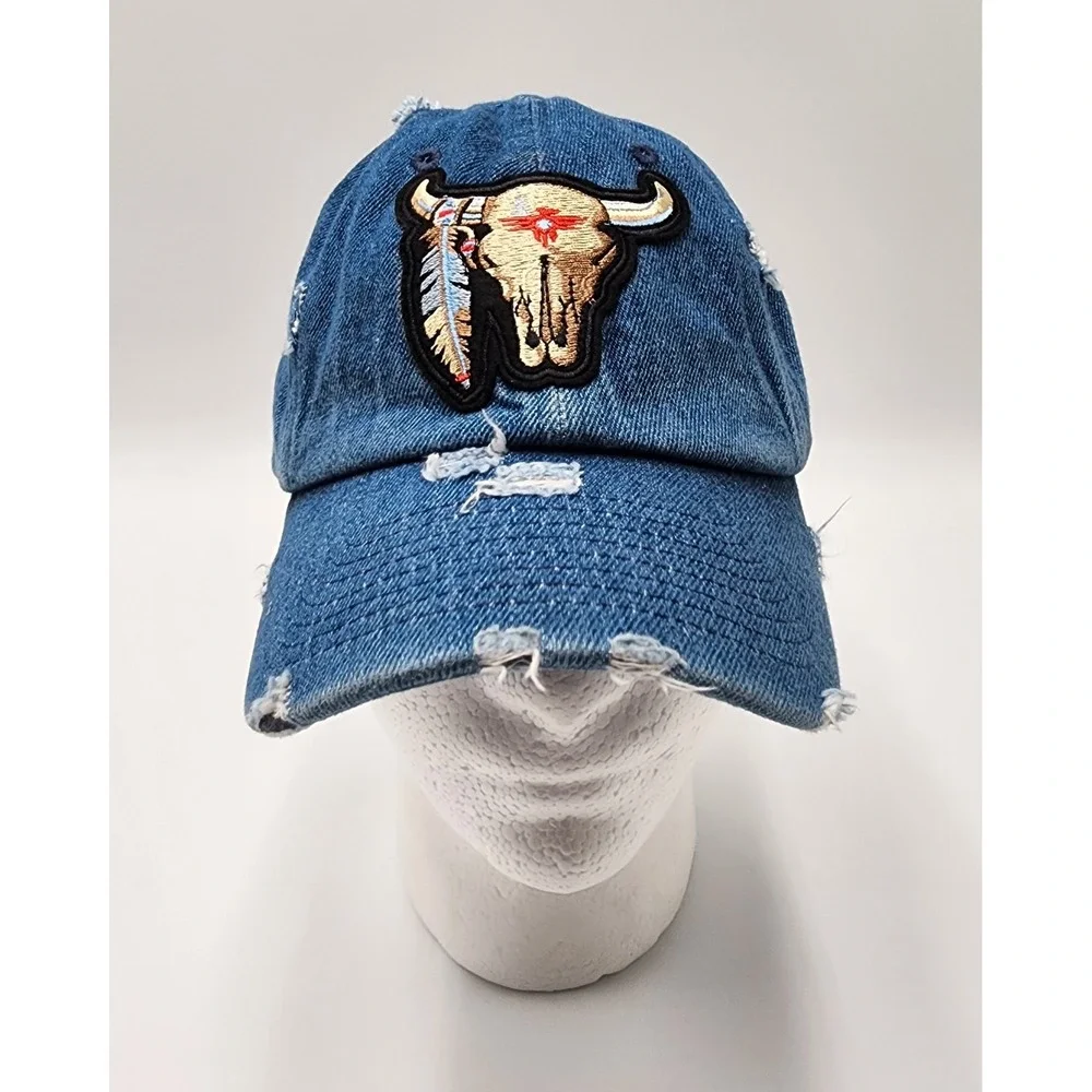 KB ETHOS VINTAGE DENIM DISTRESSED TRUCKER BASEBALL HAT CAP BULL SKULL PATCH